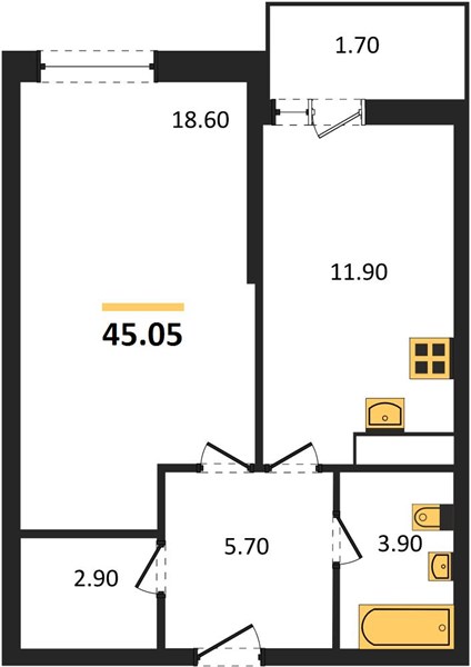 1-комнатная, 45,05 м² — планировка