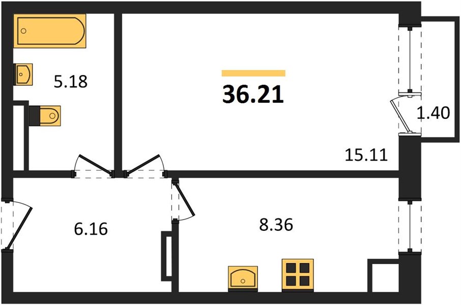 1-комнатная, 36,3 м² — планировка