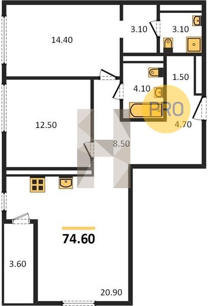 2-комнатная 74.6 м2 в ЖК Даниловский корпус null этаж 5