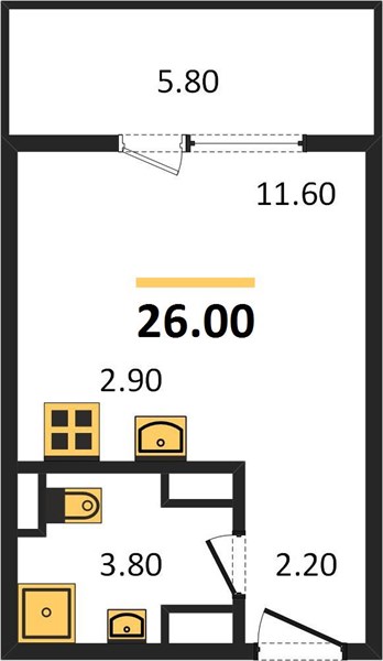 1-комнатная, 26 м² — планировка