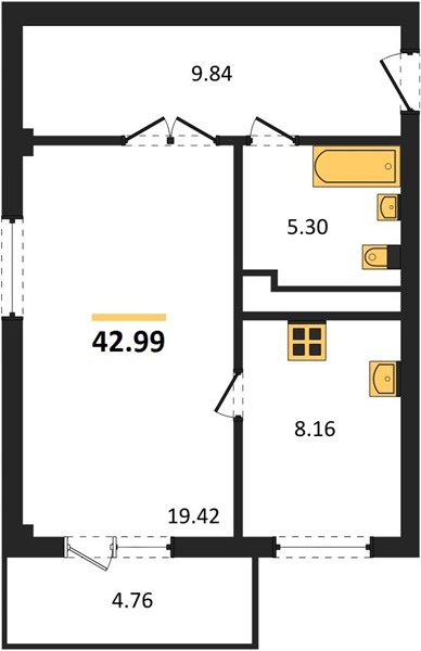 1-комнатная, 42,99 м² — планировка