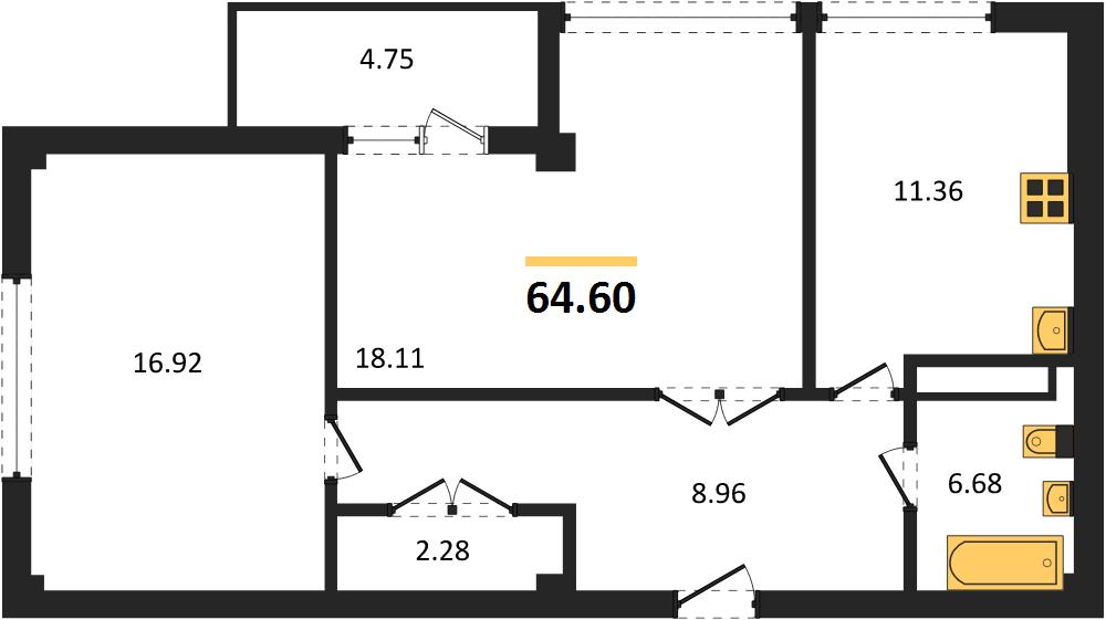 2-комнатная, 64,6 м² — планировка
