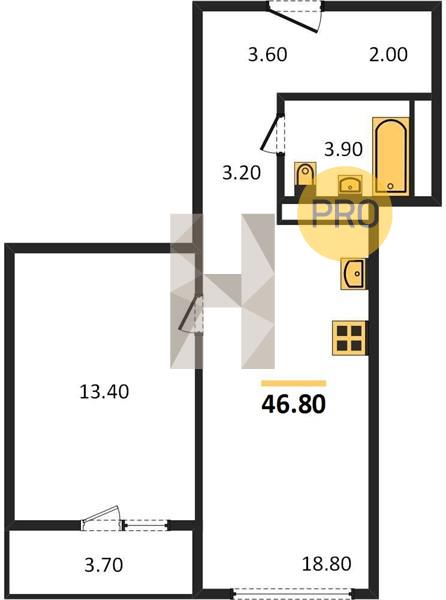 1-комнатная 46.8 м2 в ЖК Монблан корпус null этаж 6