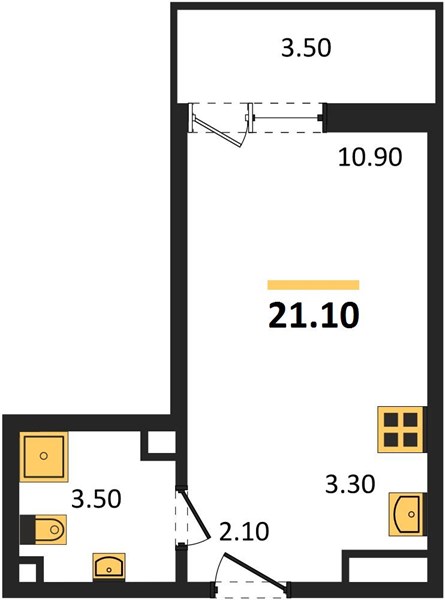Студия, 21,1 м² — планировка