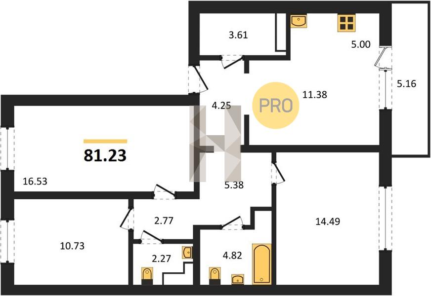 3-комнатная 81.2 м2 в ЖК ЖК «Парковый Премиум» корпус null этаж 6
