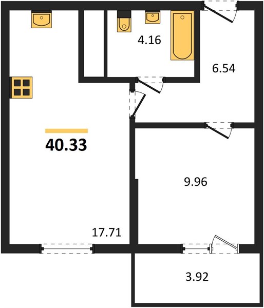 1-комнатная, 38,4 м² — планировка