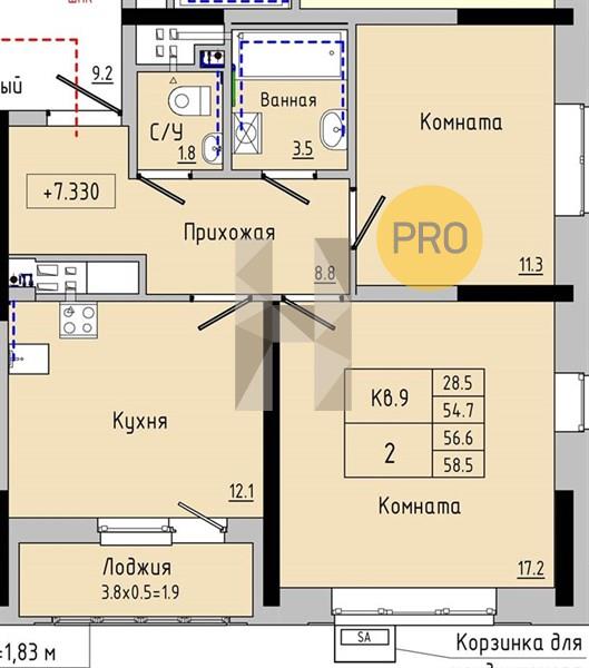 2-комнатная 58.5 м2 в ЖК Новый восход корпус null этаж 16