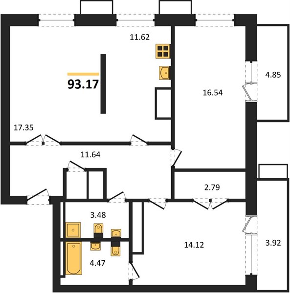 2-комнатная, 93,17 м² — планировка