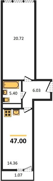 1-комнатная, 47 м² — планировка