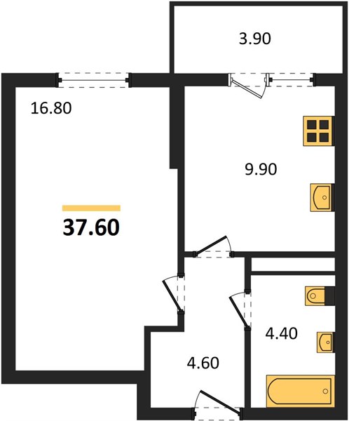 1-комнатная, 37,6 м² — планировка
