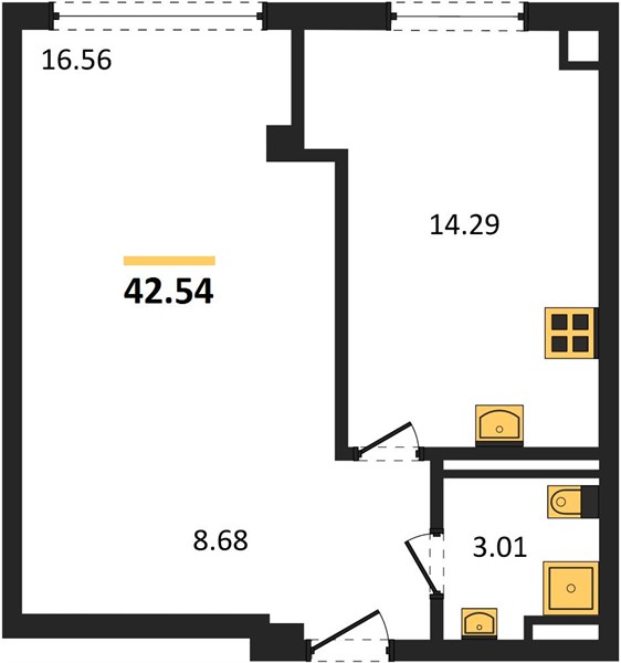 1-комнатная, 42,54 м² — планировка