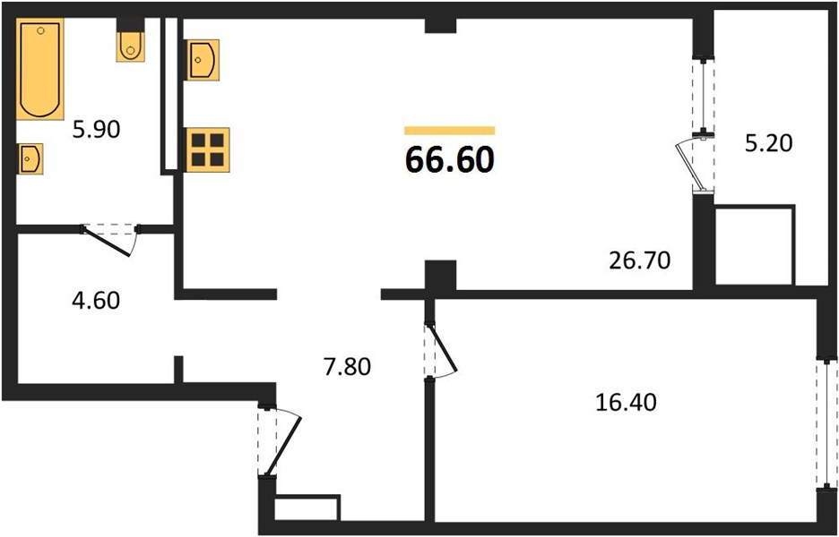 1-комнатная, 66,6 м² — планировка