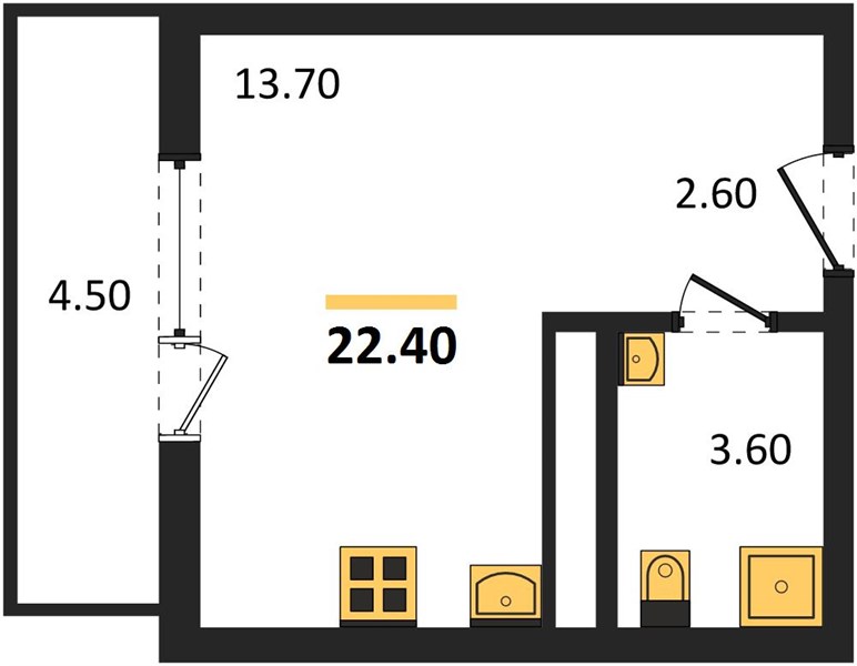 1-комнатная, 22,4 м² — планировка