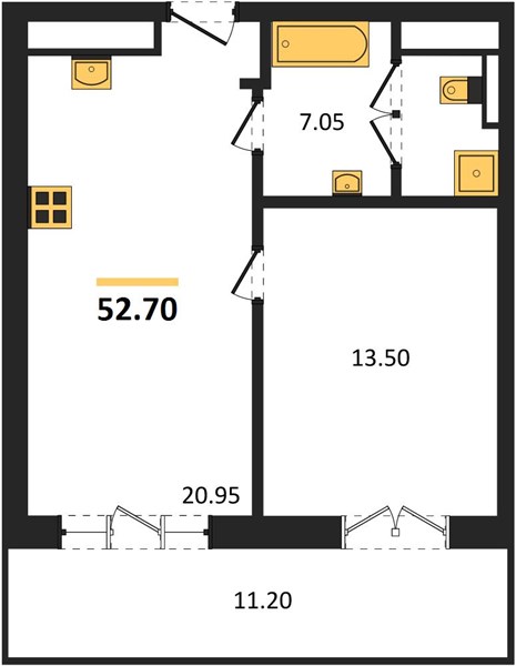 1-комнатная, 52,7 м² — планировка