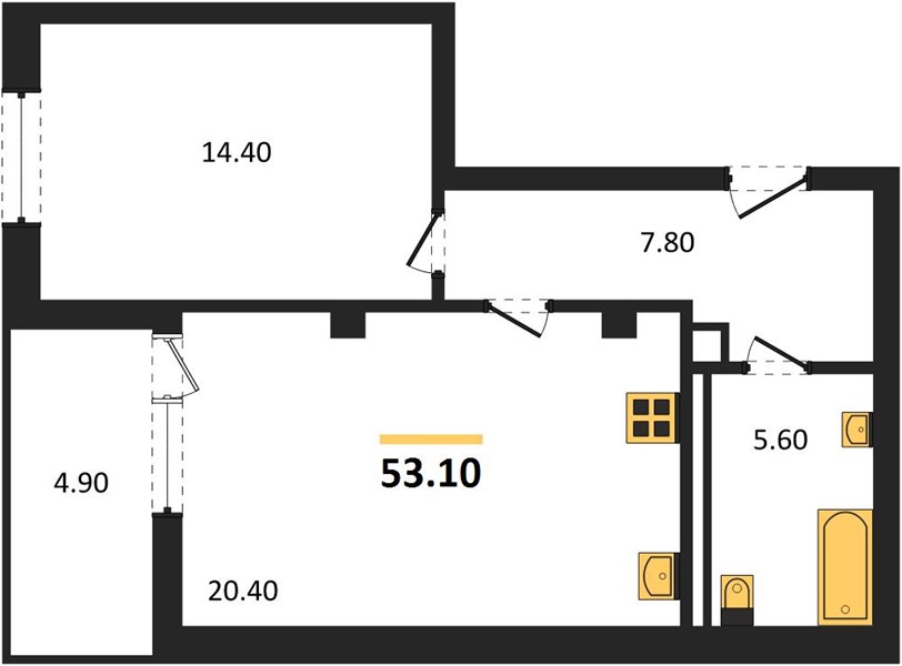1-комнатная, 53,1 м² — планировка