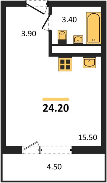 1-комнатная, 24,2 м² — планировка