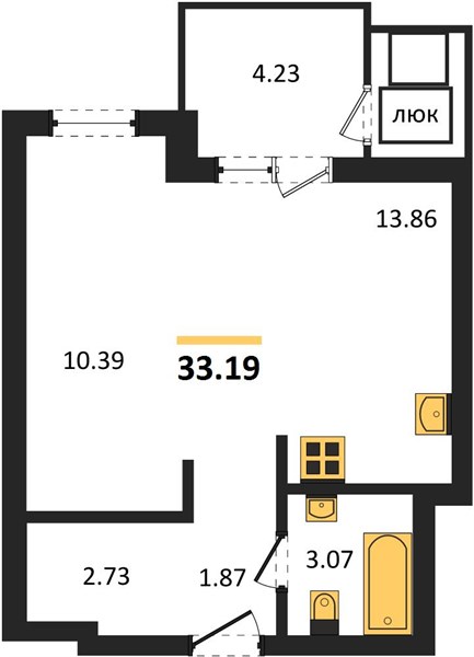 Студия, 33,19 м² — планировка