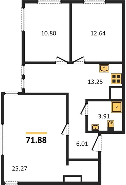 3-комнатная, 71,88 м² — планировка