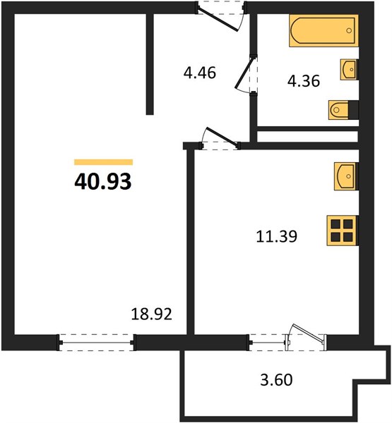 1-комнатная, 39,3 м² — планировка