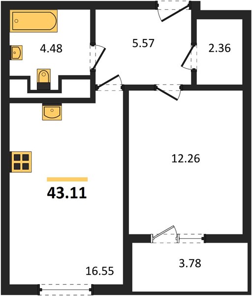 1-комнатная, 41,9 м² — планировка