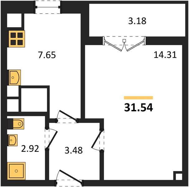 1-комнатная, 31,54 м² — планировка