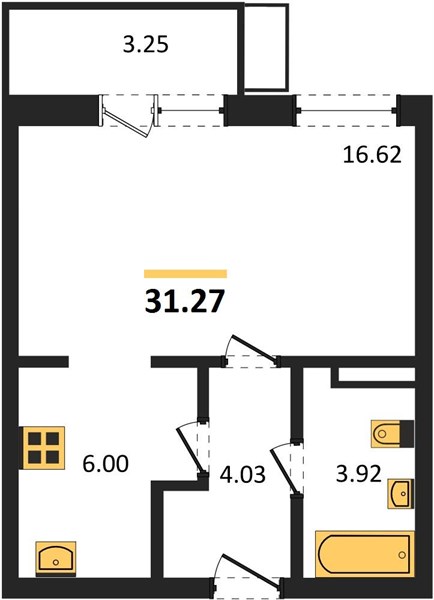 Студия, 31,27 м² — планировка