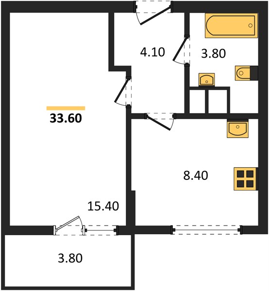 1-комнатная, 33,6 м² — планировка