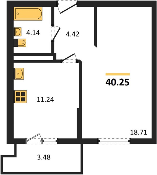 1-комнатная, 38,6 м² — планировка