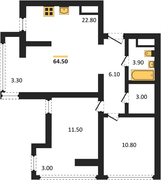 2-комнатная, 64,5 м² — планировка