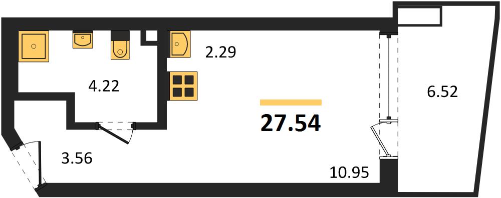 1-комнатная, 27,54 м² — планировка
