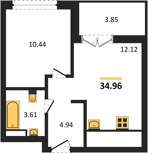 1-комнатная, 34,96 м² — планировка
