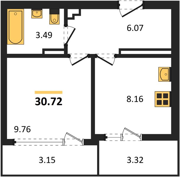 1-комнатная, 30,72 м² — планировка