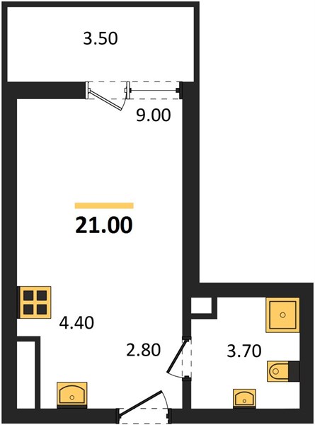 Студия, 21 м² — планировка