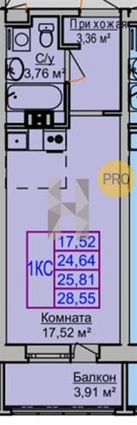 1-комнатная 25.8 м2 в ЖК Неон Сити корпус null этаж 5