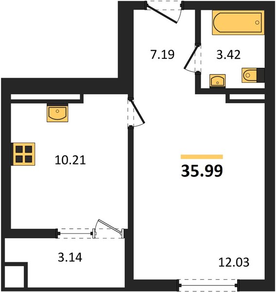 1-комнатная, 35,99 м² — планировка