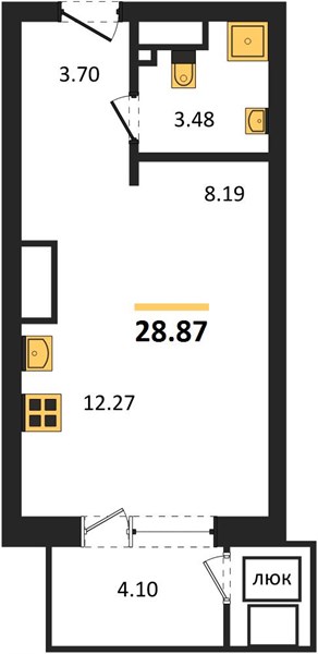 1-комнатная, 28,87 м² — планировка