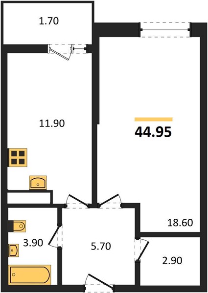 1-комнатная, 44,95 м² — планировка