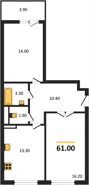 2-комнатная, 61 м² — планировка