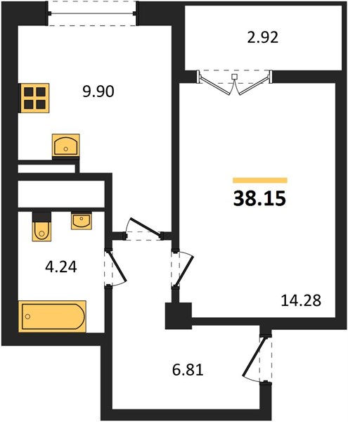 1-комнатная, 38,15 м² — планировка
