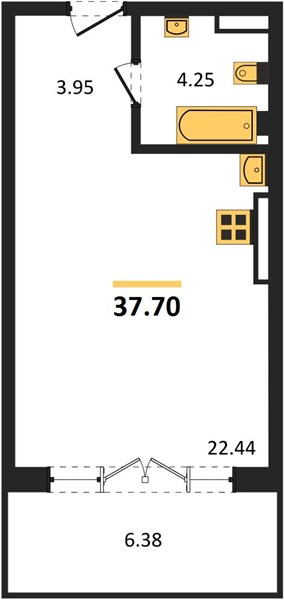 1-комнатная, 37,7 м² — планировка