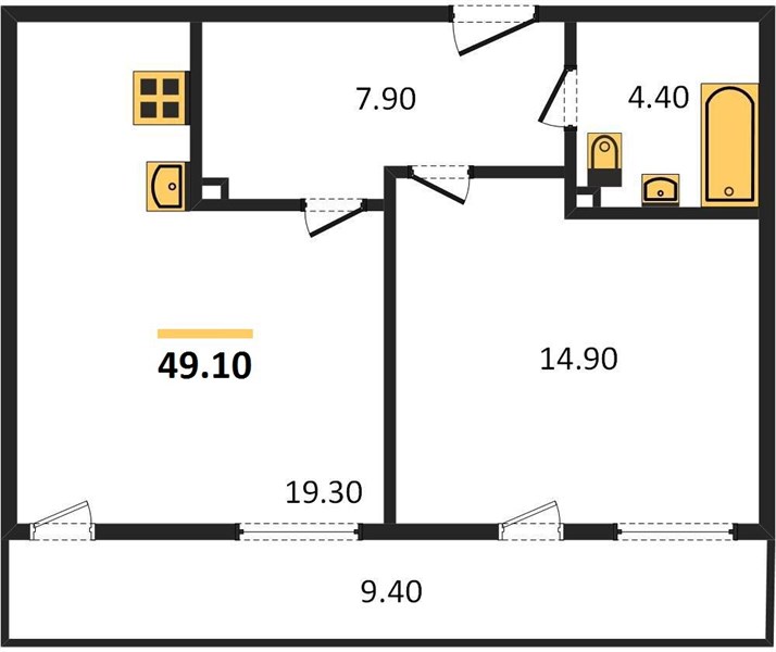 1-комнатная, 49,1 м² — планировка