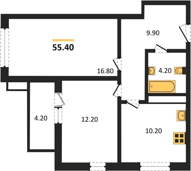 2-комнатная, 55,4 м² — планировка
