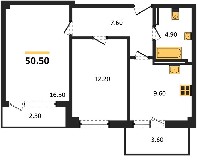 2-комнатная, 50,5 м² — планировка