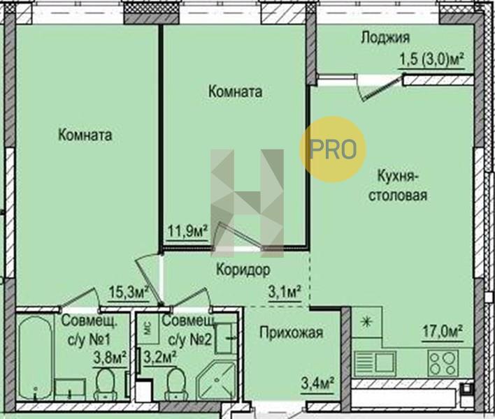 2-комнатная 59.2 м2 в ЖК ЖК «Покровский» корпус null этаж 1