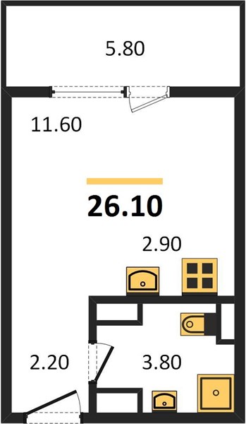 1-комнатная, 26,1 м² — планировка