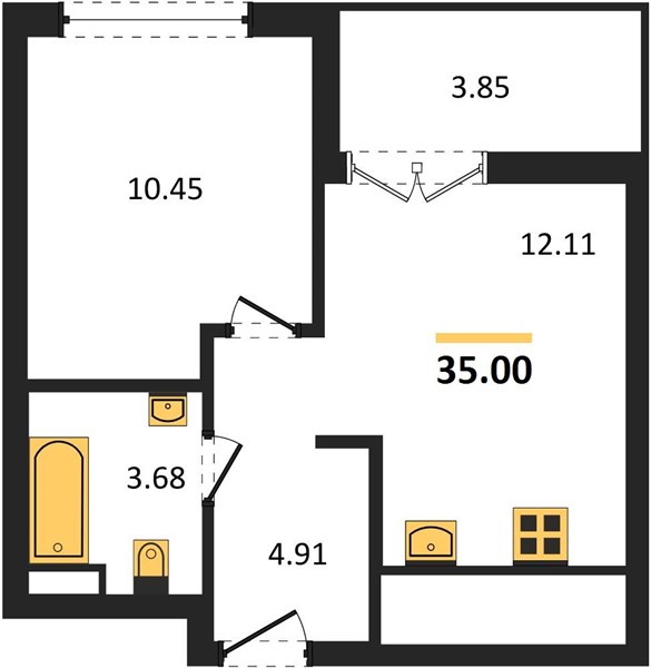 1-комнатная, 35 м² — планировка
