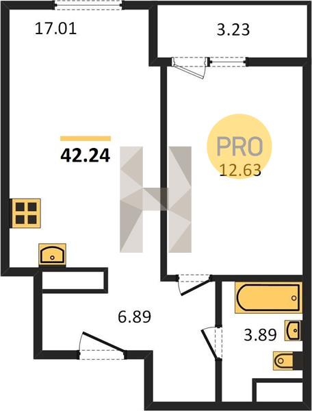 1-комнатная 42.2 м2 в ЖК ЖК «Калинка Парк» корпус null этаж 4