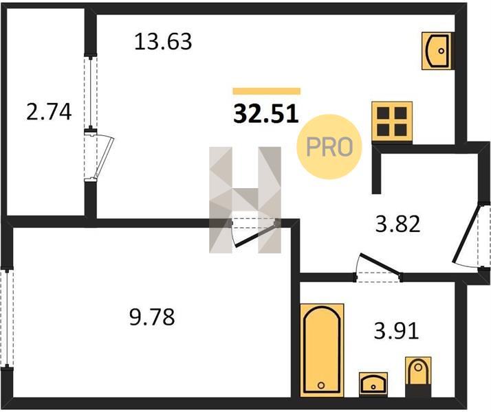 1-комнатная 32.5 м2 в ЖК ЖК «Калинка Парк» корпус null этаж 2