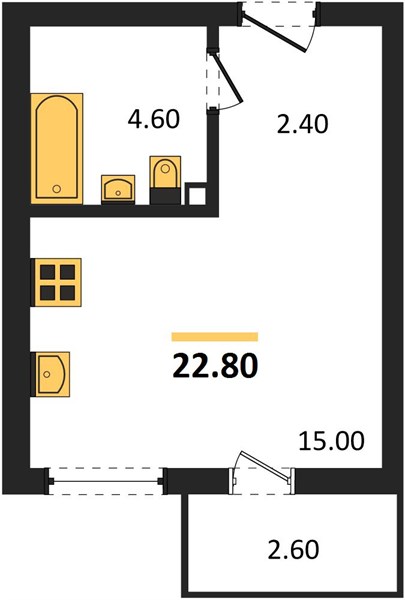 1-комнатная, 22,8 м² — планировка