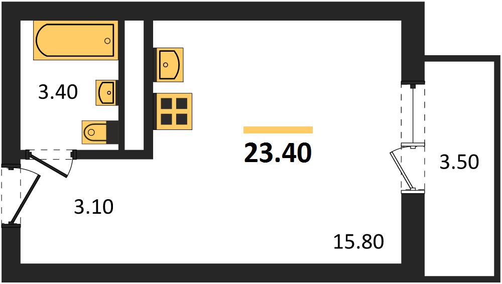 1-комнатная, 23,4 м² — планировка